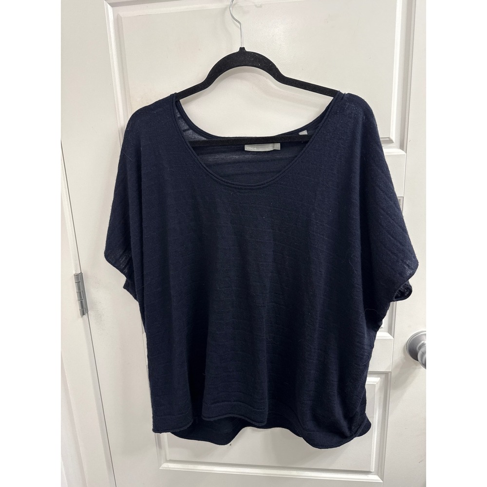 Vince Navy Blue Wool Cashmere Blend Scoop Neck Short Sleeve Boxy Sweater Large